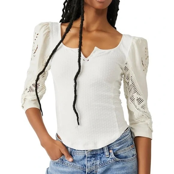 Free People NWT Moonglow Brunch Date Henley Cream Ivory Blouse Crop Top Size S - Picture 2 of 12